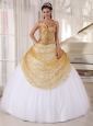 Informal Champagne and White Quinceanera Dress Spaghetti Straps Tulle and Sequin Appliques  Ball Gown