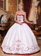 Informal White Quinceanera Dress Strapless Satin Embroidery Ball Gown