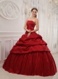 Luxurious Wine Red Quinceanera Dress Strapless Taffeta Ruffles Ball Gown