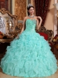 Modest Apple Green Quinceanera Dress Sweetheart  Organza Beading and Ruffles Ball Gown