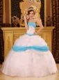 Perfect White and Aqua Quinceanera Dress Strapless Appliques Satin and Organza Ball Gown
