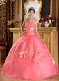 The Super Hot Watermelon Quinceanera Dress Strapless Appliques Organza Ball Gown