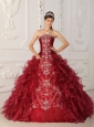 Classical Wine Red Quinceanera Dress Strapless Satin and Organza Embroidery Ball Gown