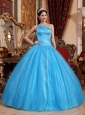 New Teal Quinceanera Dress One Shoulder Tulle and Taffeta Beading Ball Gown