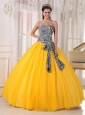Pretty Golden Yellow Quinceanera Dress Strapless Tulle and Printing Sequins Ball Gown