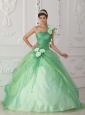 Affordable Apple Green Sweet 16 Dress One Shoulder Organza Beading and Hand Flower Ball Gown