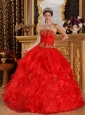 Pretty Red Sweet 16 Dress Strapless Appliques Organza Ball Gown
