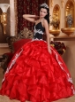 Gorgeous Red and Black Quinceanera Dress V-neck Floor-length Taffeta and Organza Appliques Ball Gown