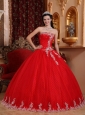 Inexpensive Red Quinceanera Dress Strapless Tulle Lace Appliques Ball Gown
