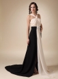 Champagne and Black Empire V-neck Brush Train Chiffon Ruch Prom / Evening Dress