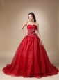 Wine Red A-Line / Princess Sweetheart Chapel Train Taffeta and Organza Beading Quinceanea Dress