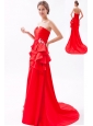 Red A-line / Princess Strapless Prom Dress Satin Beading Brush Train