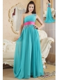 Turquoise Empire One Shoulder Prom Dress Chiffon Ruch and Beading Floor-Length