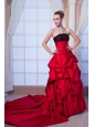 Red A-line Strapless Chapel Train Taffeta Beading and Lace Wedding Dress