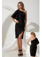 Black Column One Shoulder Ruch Little Black Dress Knee-length Chiffon