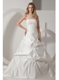 Romantic A-line Strapless Wedding Dress Appliques and Pick-ups Chapel Train Taffeta