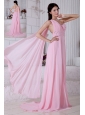 2013 Rose Pink Empire One Shoulder Beading Prom / Evening Dress Watteau Train Chiffon