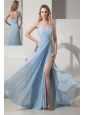 Light Blue Prom Dress Empire One Shoulder Brush Train Chiffon and Elastic Woven Satin Beading and Ruch