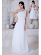 White One Shoulder Brush Train Chiffon Prom / Evening Dress With Appliques