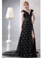 Best Black A-line V-neck Prom Dress Chapel Train Lace Beading