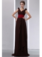New Brown Column V-neck Ruch Mother Of The Bride Dress Brush Train Chiffon