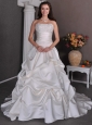 Luxurious Wedding Dress Beading and Pick-ups A-line Strapless Chapel Train Satin