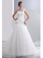 Simple A-line One Shoulder Low Cost Wedding Dress Chapel Train Taffeta and Organza Hand Made Flowers Ruch