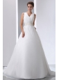 Simple A-line V-neck Court Train Low Cost Wedding Dress Satin and Organza Beading and Ruch
