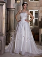 Custom Made A-line Strapless Wedding Dress Chapel Train Taffeta and Organza Ruch and Hand Made Flowers