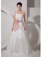 Low Cost A-line Halter Wedding Dress Court Train Taffeta Sash and Ruch