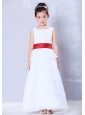 Custom Made White and Red A-line Scoop Sash Flower Girl Dress Ankle-length Chiffon