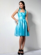 Brand New Aqua Blue A-line Halter Bridesmaid Dress Knee-length Taffeta