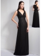 Customize Black Column V-neck Floor-length Bridesmaid Dress Elastic Wove Satin and Chiffon