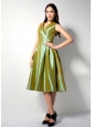 Customize Olive Green A-line V-neck Bridesmaid Dress Tea-length Ruch Taffeta
