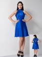 Customize Royal Blue A-line High-neck Bridesmaid Dress Knee-length Taffeta