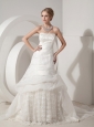 Beautiful A-line Wedding Dress Strapless Organza and Satin Appliques Chapel Train