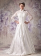 Custom Made Wedding Dress Ivory A-line High-neck Court Train Satin Lace