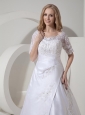 Custom Made A-line Scoop Low Cost Wedding Dress Satin Lace Chapel Train