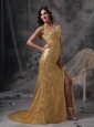 Low Price Gold Empire V-neck Evening Dress Sequin Beading and Ruch Floor-length