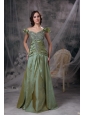 Luxurious Olive Green Mother of the Bride Dress Column Off The Shoulder Beading and Ruch Taffeta Floor-length