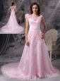 Pretty Baby Pink Princess V-neck Evening Dress Chiffon Appliques and Ruch Floor-length