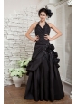 Exquisite Black Dress A-line Halter Taffeta Hand Made Flowers Floor-length