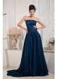 Elegant Peacock Green Mother Of The Bride Dress A-line / Princess Strapless Chiffon Ruch Court Train