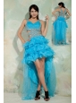 Pretty Sky Blue A-line / Princess Straps High-low Prom Dress Organza Beading