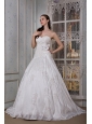 Modest A-line Sweetheart Wedding Dress Taffeta Appliques and Hand Made Flower Brush Train