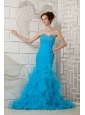 Sky Blue 2013 Prom Dress For Custom Made Sweetheart Organza Beading Brush Train
