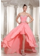 Custom Made High-low Prom Dress With Watermelon Chiffon Beaded Decorate