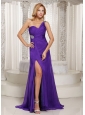 Purple High Slit One Shoulder Prom Celebrity Dress With Brush Train Beading and Ruch