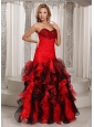 Ruffles A-line Swetheart Ruched Bodice Prom Dress Red and Black With Beading Decorate