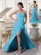 Aqua Blue High Slit Prom Dress With Beading Decorated Sweetheart and Ruch Brush Train Chiffon and Elastic Woven Satin